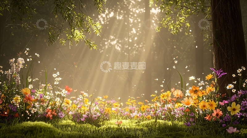 高清大图下载【趣麦麦图】阳光穿过树林照耀花朵