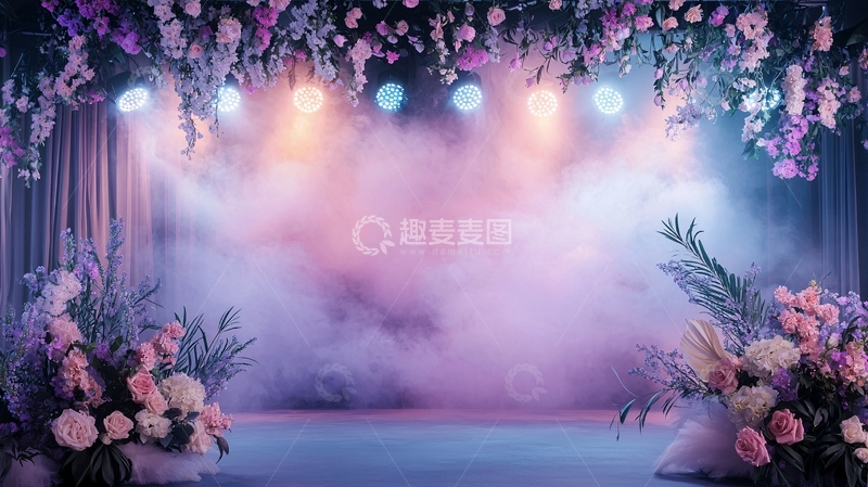 紫色花卉环绕的舞台背景