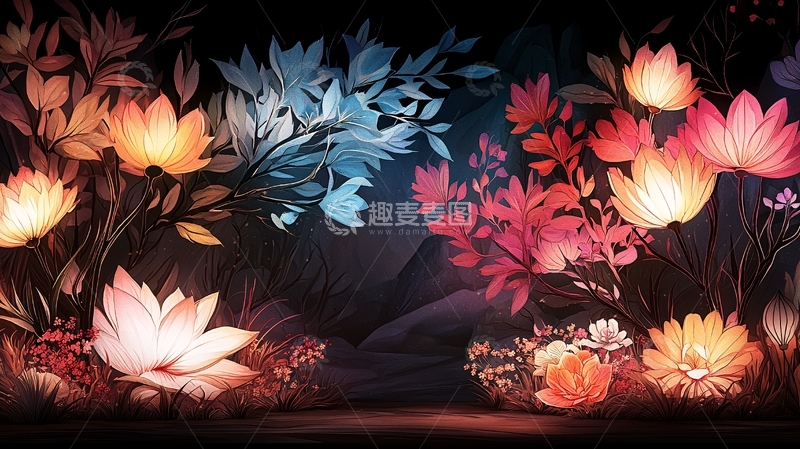 高清大图下载【趣麦麦图】发光莲花与彩色花丛