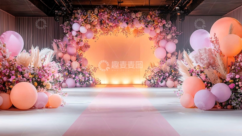 高清大图下载【趣麦麦图】粉色气球鲜花拱门装饰背景