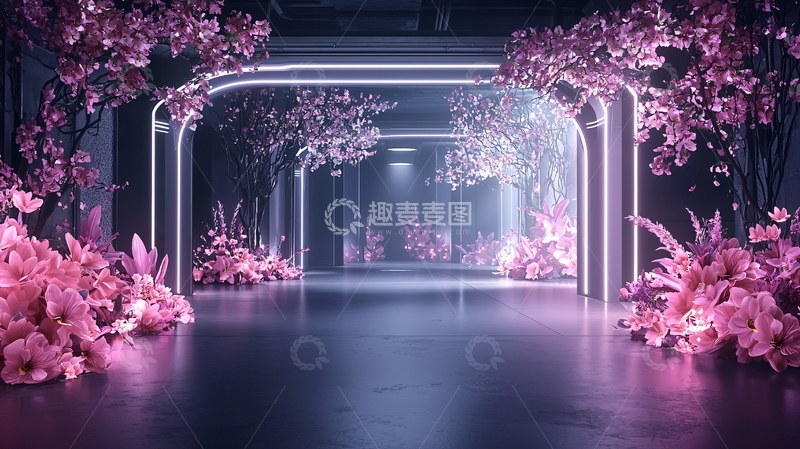 高清大图下载【趣麦麦图】粉色花卉霓虹灯通道