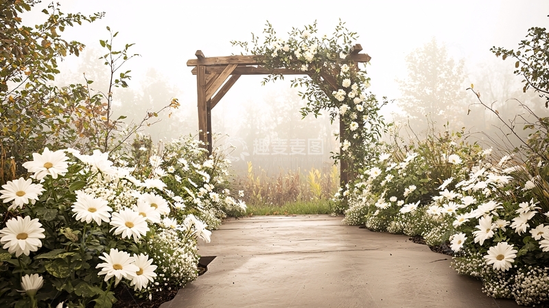 高清大图下载【趣麦麦图】白色花朵拱门下的婚礼通道