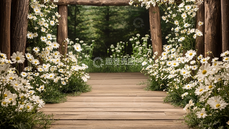 高清大图下载【趣麦麦图】白色花朵装饰的木质拱门