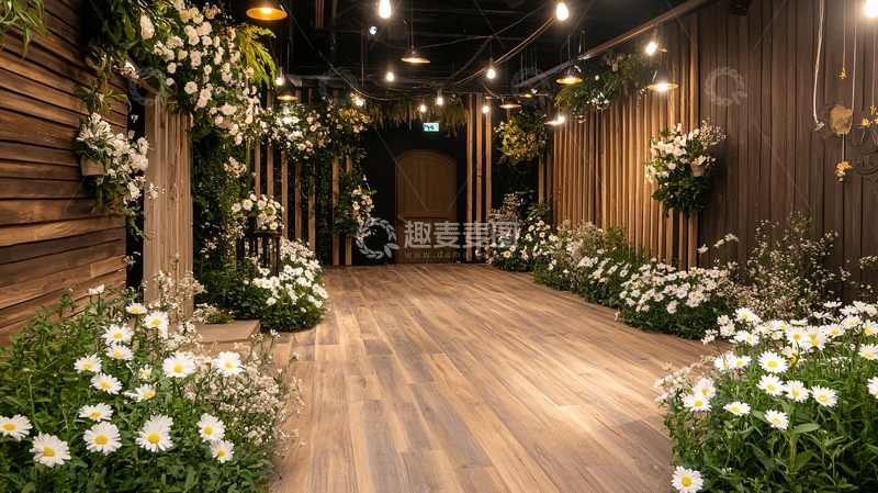 高清大图下载【趣麦麦图】浪漫白色花朵装饰的室内走廊