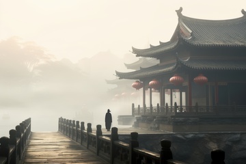 雾气中的角楼建筑