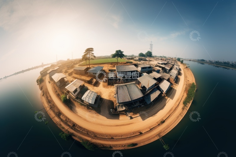 高清大图下载【趣麦麦图】海水包围的小镇村庄