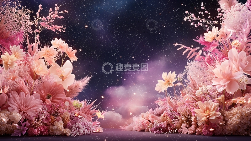 高清大图下载【趣麦麦图】粉色花簇梦幻星空背景