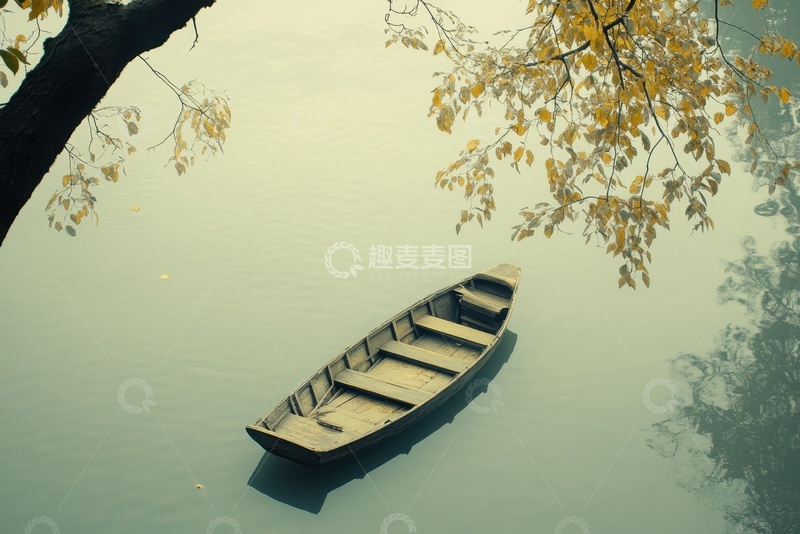 高清大图下载【趣麦麦图】湖面上停留的一艘木船