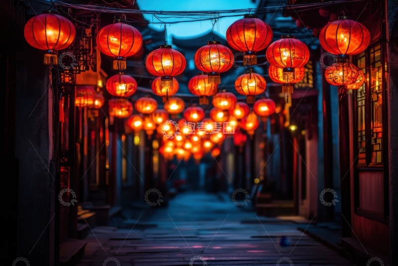 高清大图下载【趣麦麦图】夜景小镇街道上的红灯笼 