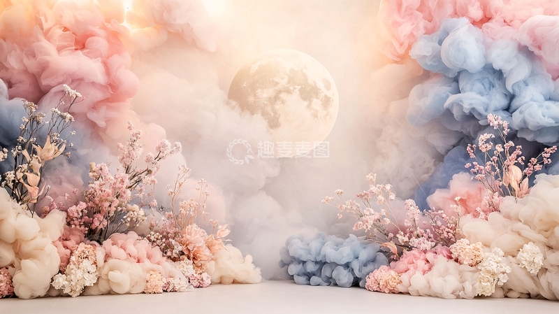 高清大图下载【趣麦麦图】粉色蓝色烟雾笼罩的月亮
