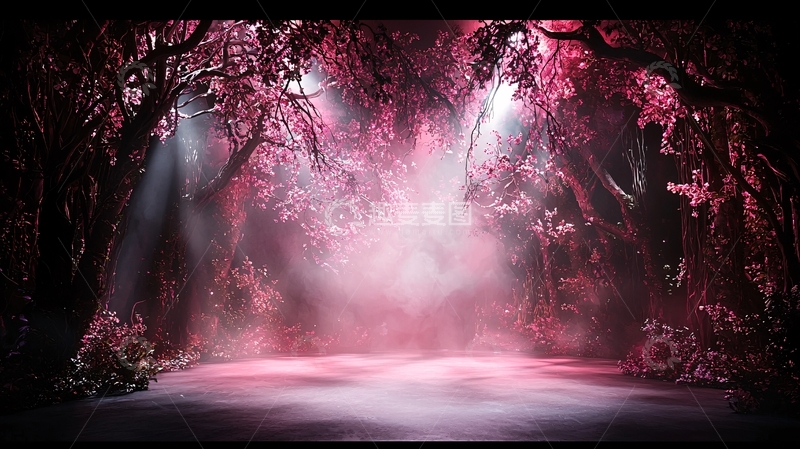 高清大图下载【趣麦麦图】梦幻粉色光影森林场景