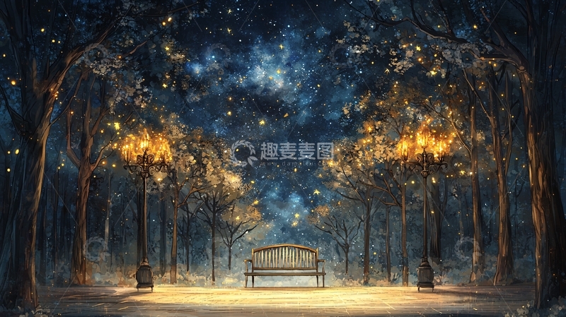 高清大图下载【趣麦麦图】夜间树林小路长椅