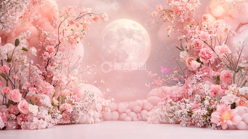 高清大图下载【趣麦麦图】-粉色鲜花簇拥的月亮