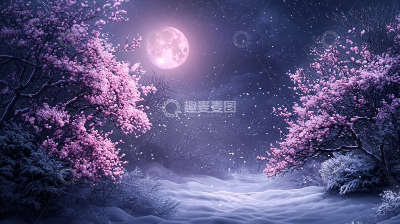 高清大图下载【趣麦麦图】粉色月亮下的浪漫夜景