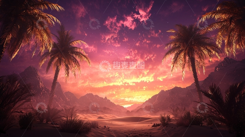 高清大图下载【趣麦麦图】热带日落粉色天空椰树