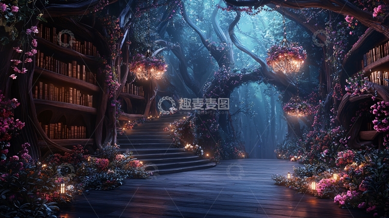 高清大图下载【趣麦麦图】奇幻森林中的图书馆
