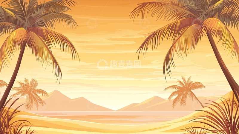 高清大图下载【趣麦麦图】热带海滩日落椰树美景