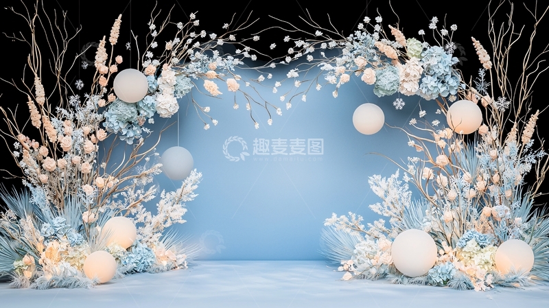 高清大图下载【趣麦麦图】淡蓝色背景下的白色花卉装饰