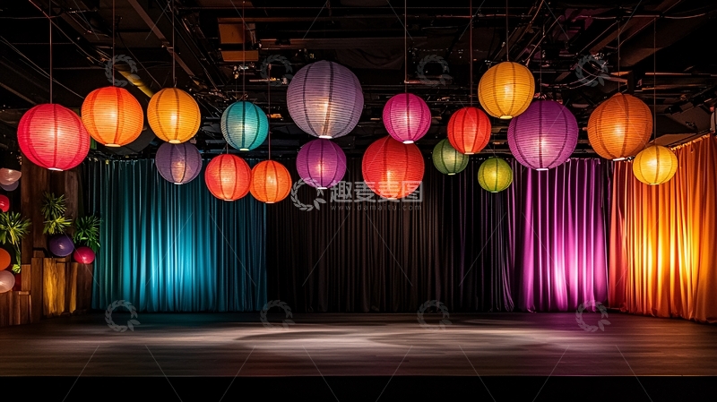 高清大图下载【趣麦麦图】彩色灯笼悬挂在舞台上