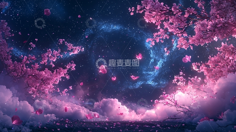 高清大图下载【趣麦麦图】粉色花瓣飘落的星空