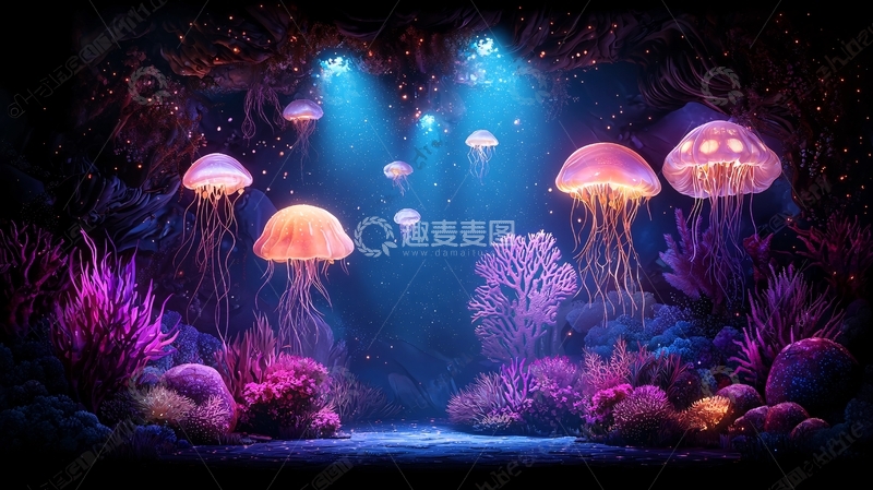 高清大图下载【趣麦麦图】梦幻般的水母在深海中游动