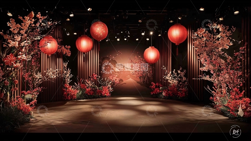 高清大图下载【趣麦麦图】中国风红色灯笼舞台背景