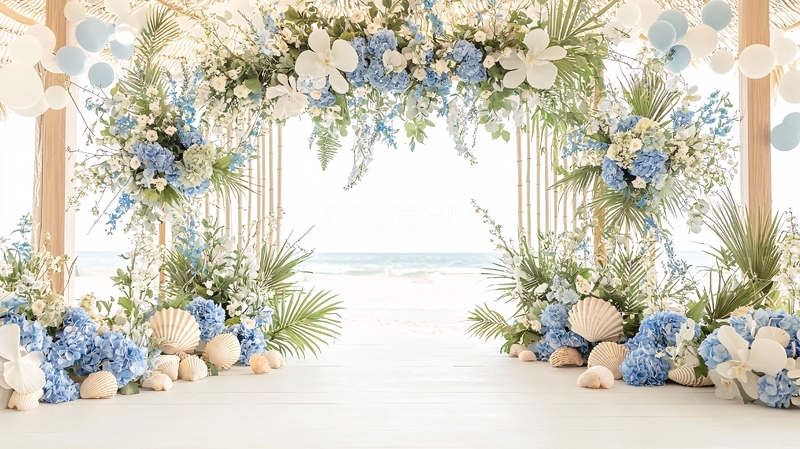 高清大图下载【趣麦麦图】浅蓝色白色花卉拱门