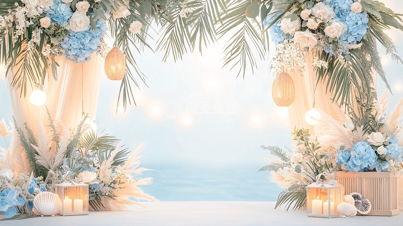 高清大图下载【趣麦麦图】蓝色白色花卉装饰背景