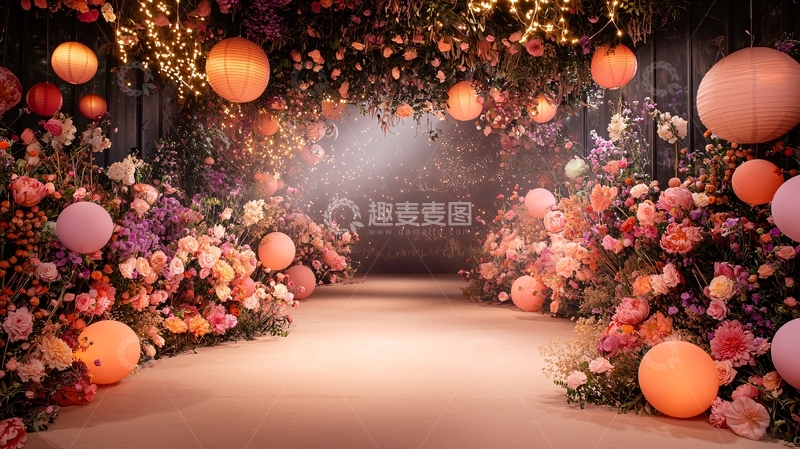 高清大图下载【趣麦麦图】鲜花气球装饰的梦幻通道