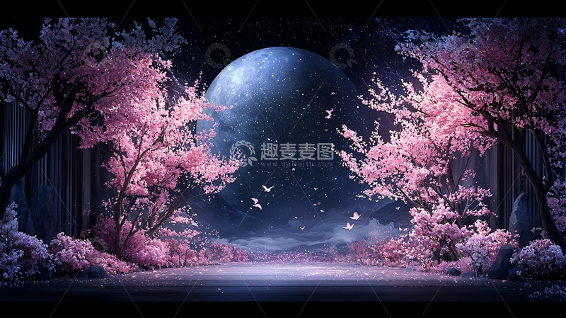 高清大图下载【趣麦麦图】梦幻月夜粉色花树背景
