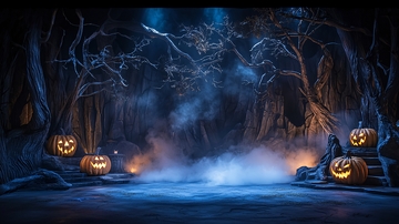 万圣节南瓜在幽暗森林中