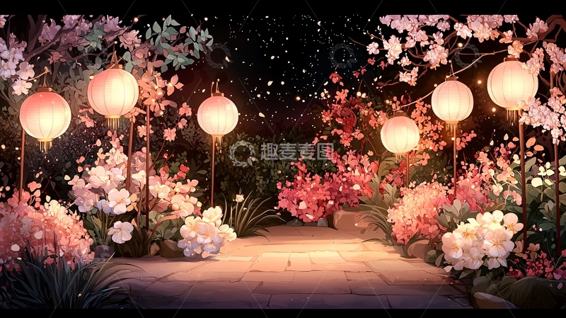 高清大图下载【趣麦麦图】浪漫花卉灯笼小径