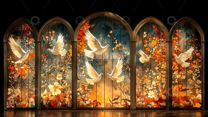高清大图下载【趣麦麦图】彩色玻璃窗上的鸽子