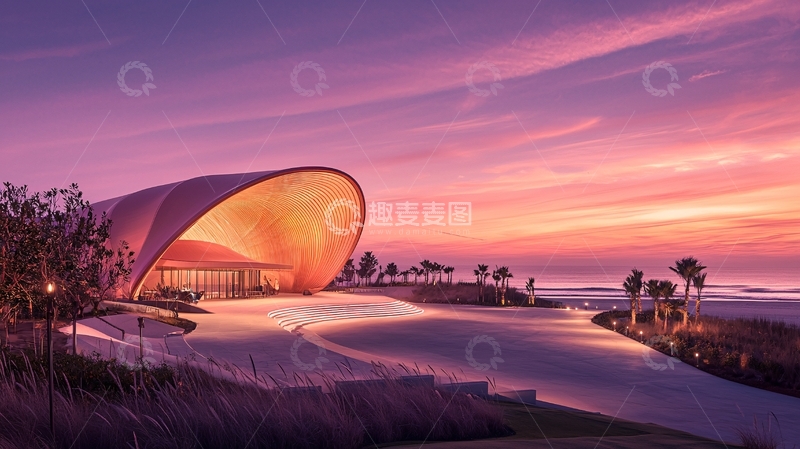 高清大图下载【趣麦麦图】未来感建筑海边日落
