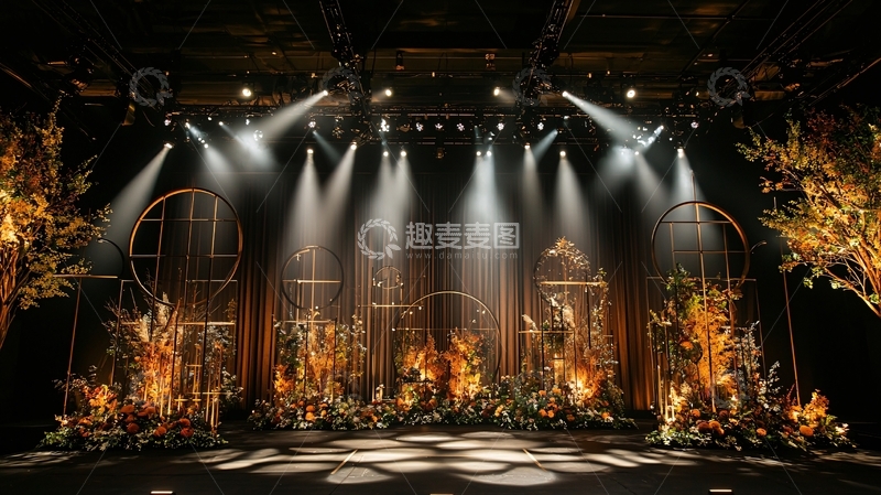 高清大图下载【趣麦麦图】舞台灯光下的金色植物装饰