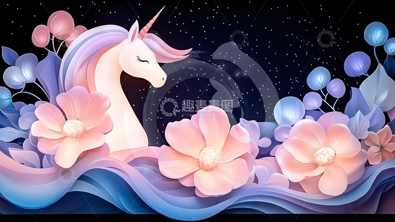 高清大图下载【趣麦麦图】独角兽与花朵的梦幻场景