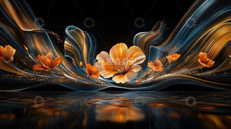 高清大图下载【趣麦麦图】金色花朵与抽象水波