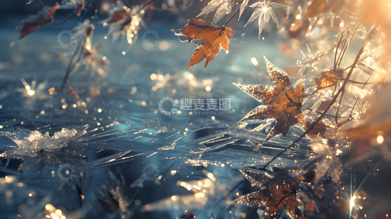 高清大图下载【趣麦麦图】冬季树叶冰封湖面3