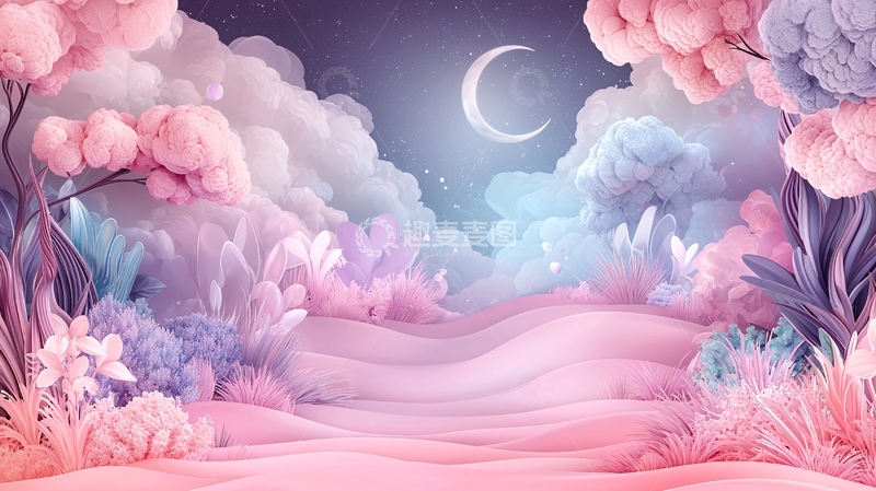 高清大图下载【趣麦麦图】粉色梦幻云月风景