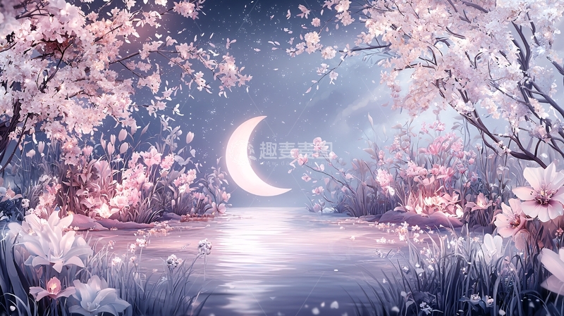 高清大图下载【趣麦麦图】月光下的梦幻花树