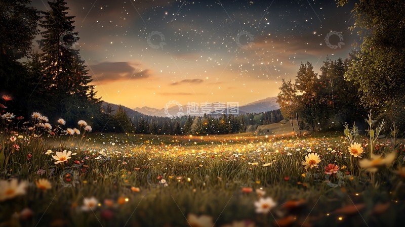 高清大图下载【趣麦麦图】星空下盛开花朵的草地