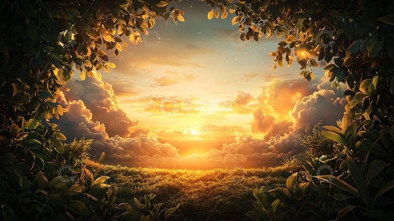 高清大图下载【趣麦麦图】树叶框架下的金色天空