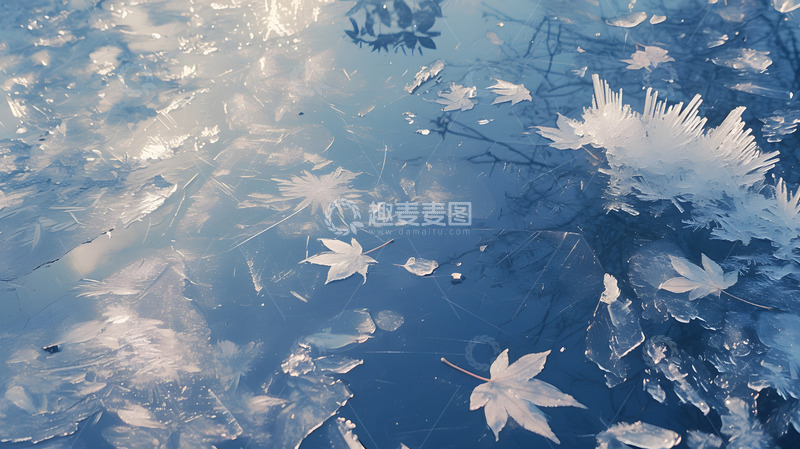 高清大图下载【趣麦麦图】冬季树叶冰封湖面1