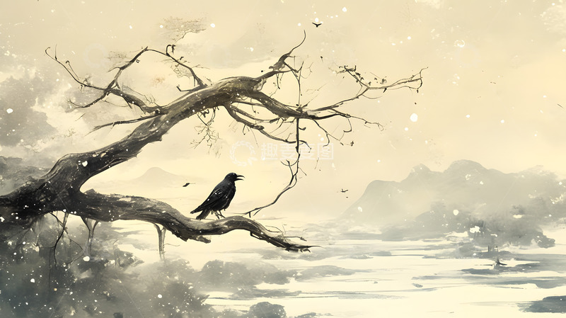 高清大图下载【趣麦麦图】乌鸦枯枝中国风水墨画3