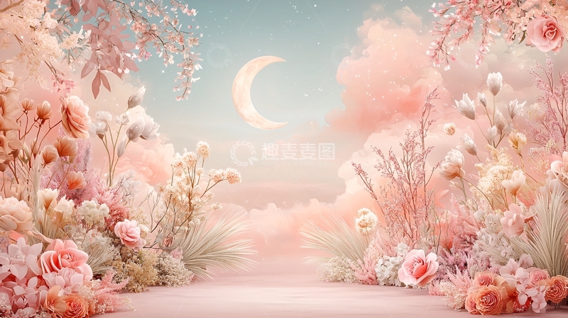 高清大图下载【趣麦麦图】粉色花朵与月亮