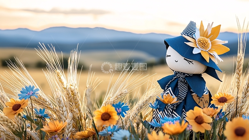 高清大图下载【趣麦麦图】田野里蓝帽子稻草人