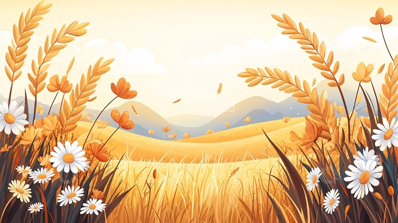 高清大图下载【趣麦麦图】金黄麦田与雏菊花的田园风景