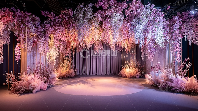 高清大图下载【趣麦麦图】粉色花卉瀑布舞台背景