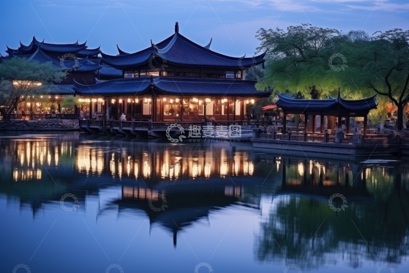 高清大图下载【趣麦麦图】公园凉亭湖泊夜景