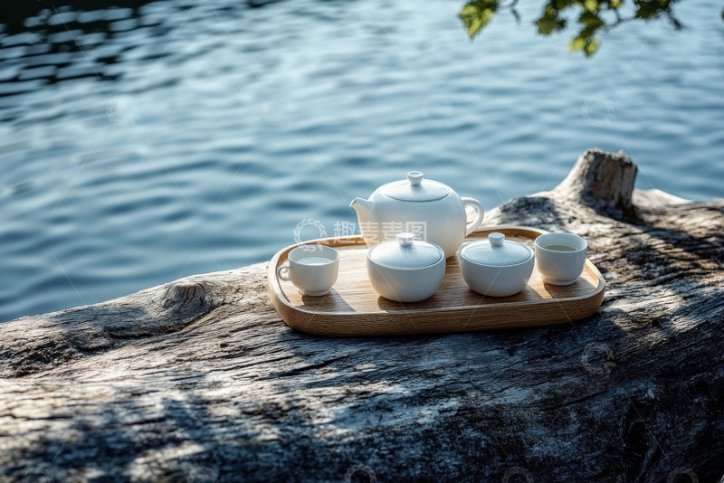 高清大图下载【趣麦麦图】放在湖边的茶具茶杯